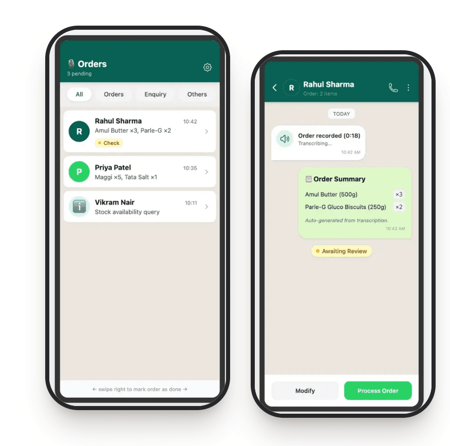 Shubh Labh app — orders list and order detail screens