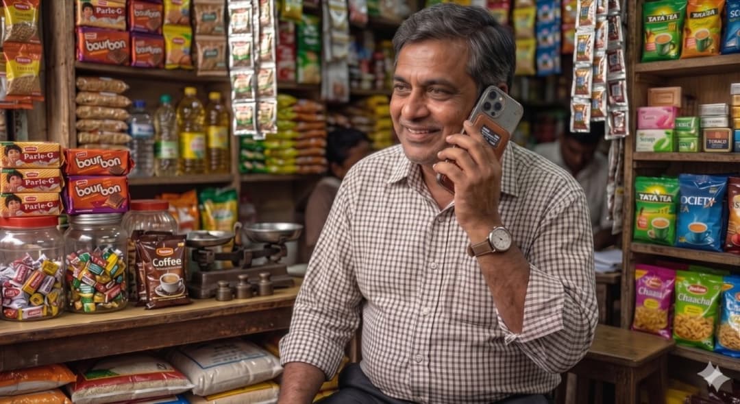 Indian businessman using Shubh Labh while on a call at his store