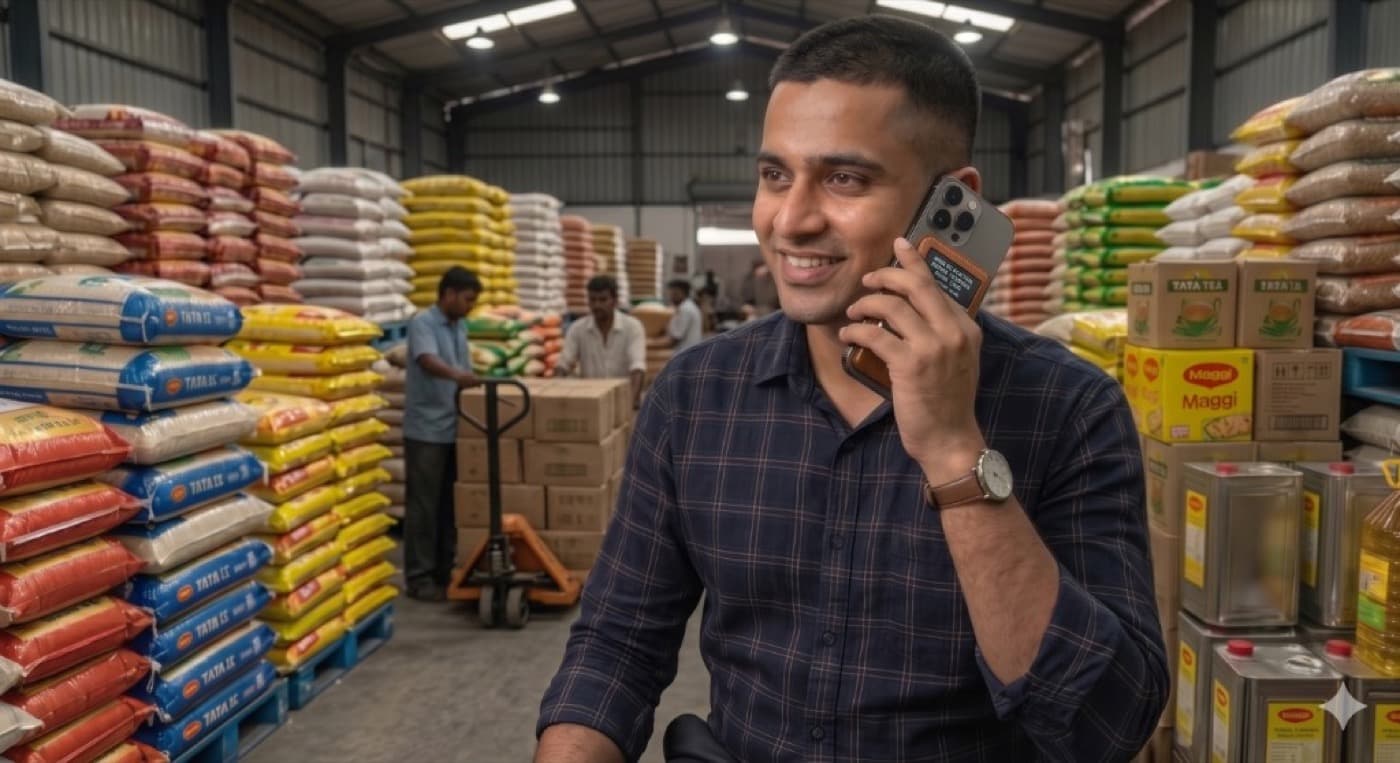 Businessman on call in warehouse with Shubh Labh device on phone